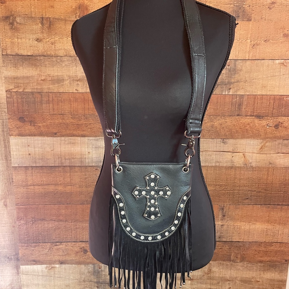 Studded Black Crossbody Bag with Fringe